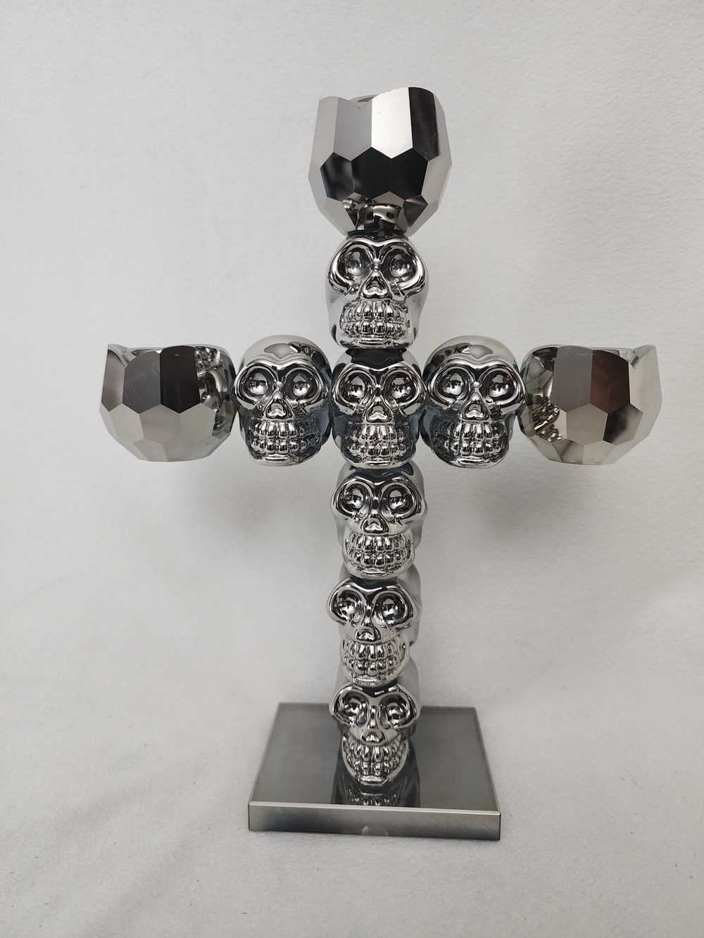 Decorative Silver SOLID GLASS Skull Cross Candle Holder - Home Art